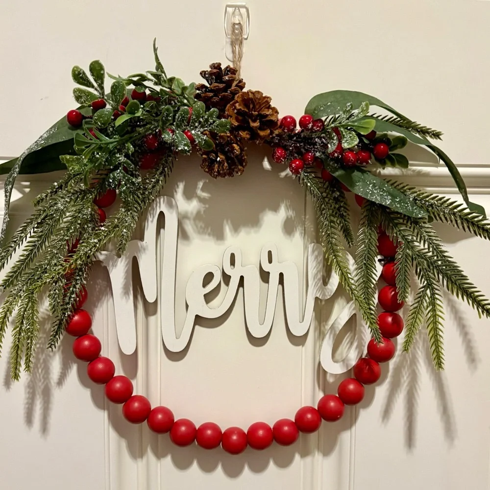 Holiday Wreath with Red Beads and Greenery